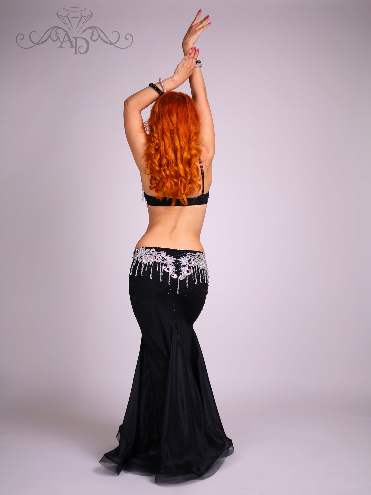 Black Belly Dance Costume with Crystal Beaded Fringe