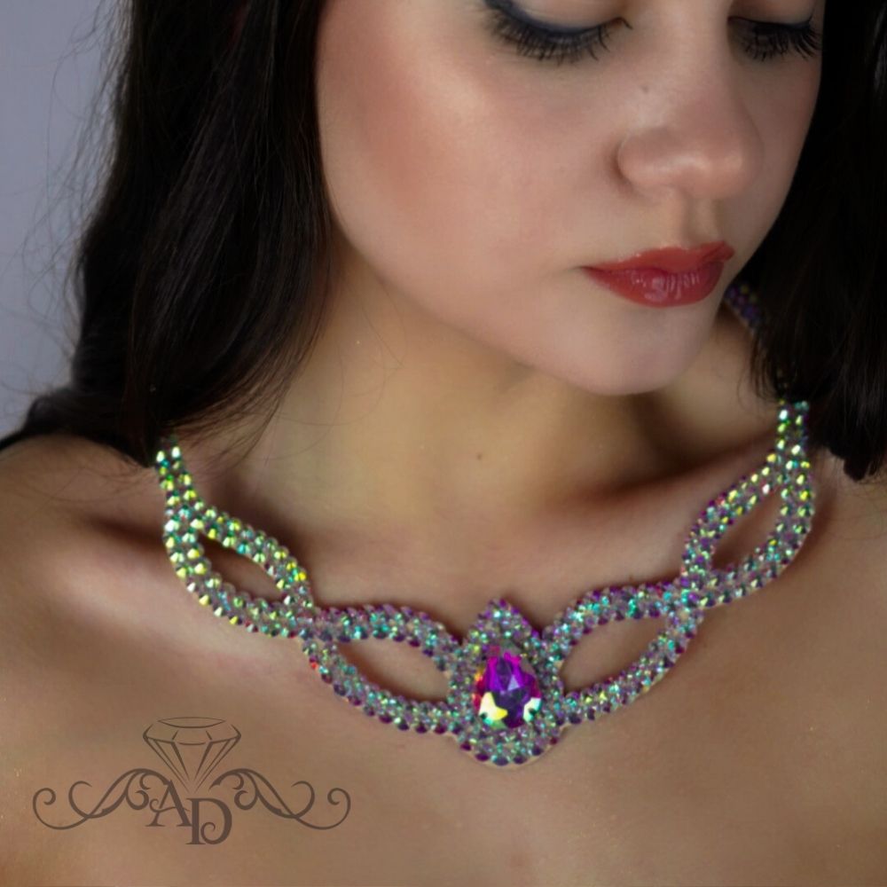 Crystal AB rhinestone ballroom dance necklace with teardrop centerpiece by Amalia Design, elegant belly dance jewelry and latin dance accessory for stage competitions and performances.
