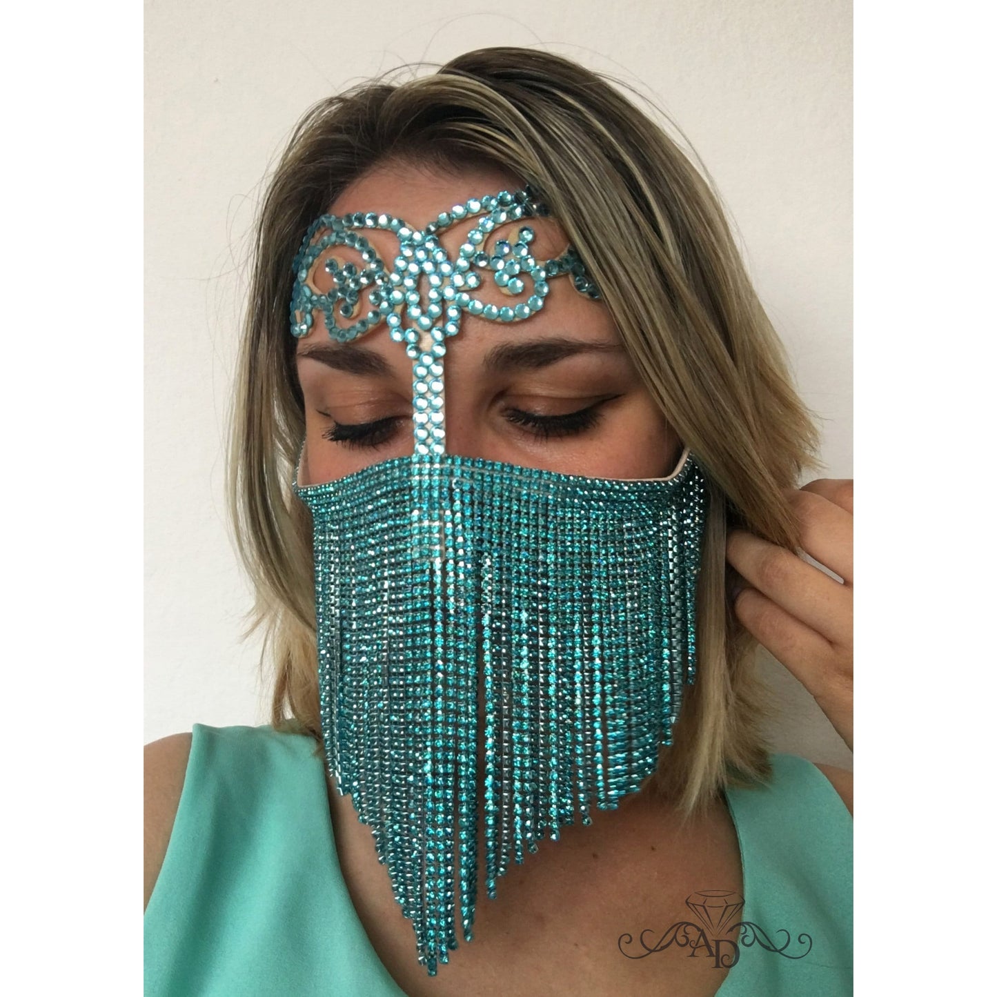 Rhinestone Face Mask – Elina Turquoise
