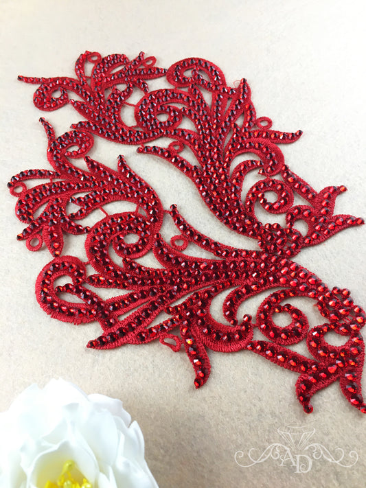 Red lace applique with rhinestones for dance costume embellishment, 22 cm