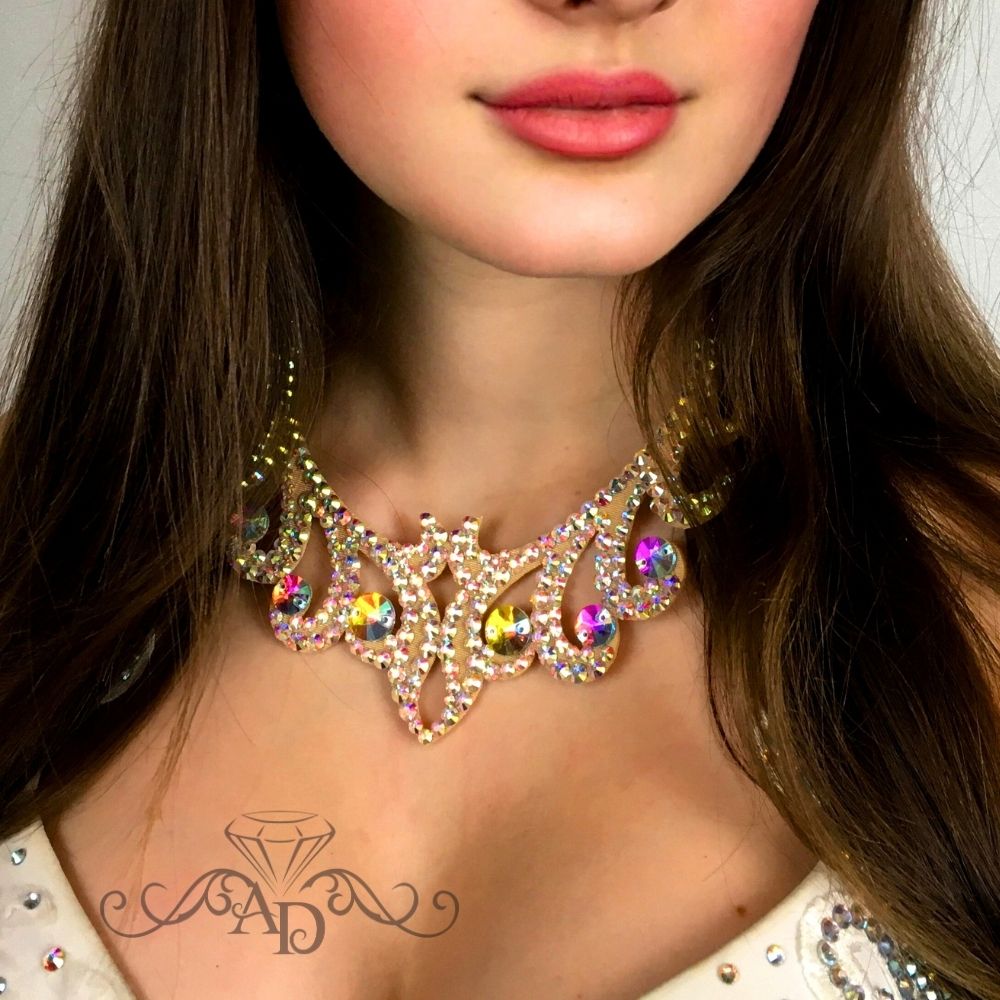 Crystal AB rhinestone ballroom dance necklace with intricate design, elegant belly dance necklace by Amalia Design. Sparkling dance jewelry for competitions and stage performances.