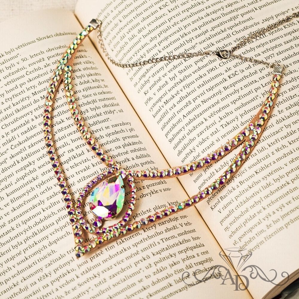Crystal AB rhinestone ballroom dance necklace with teardrop centerpiece by Amalia Design, elegant ballroom and belly dance jewelry for stage and competition performances.