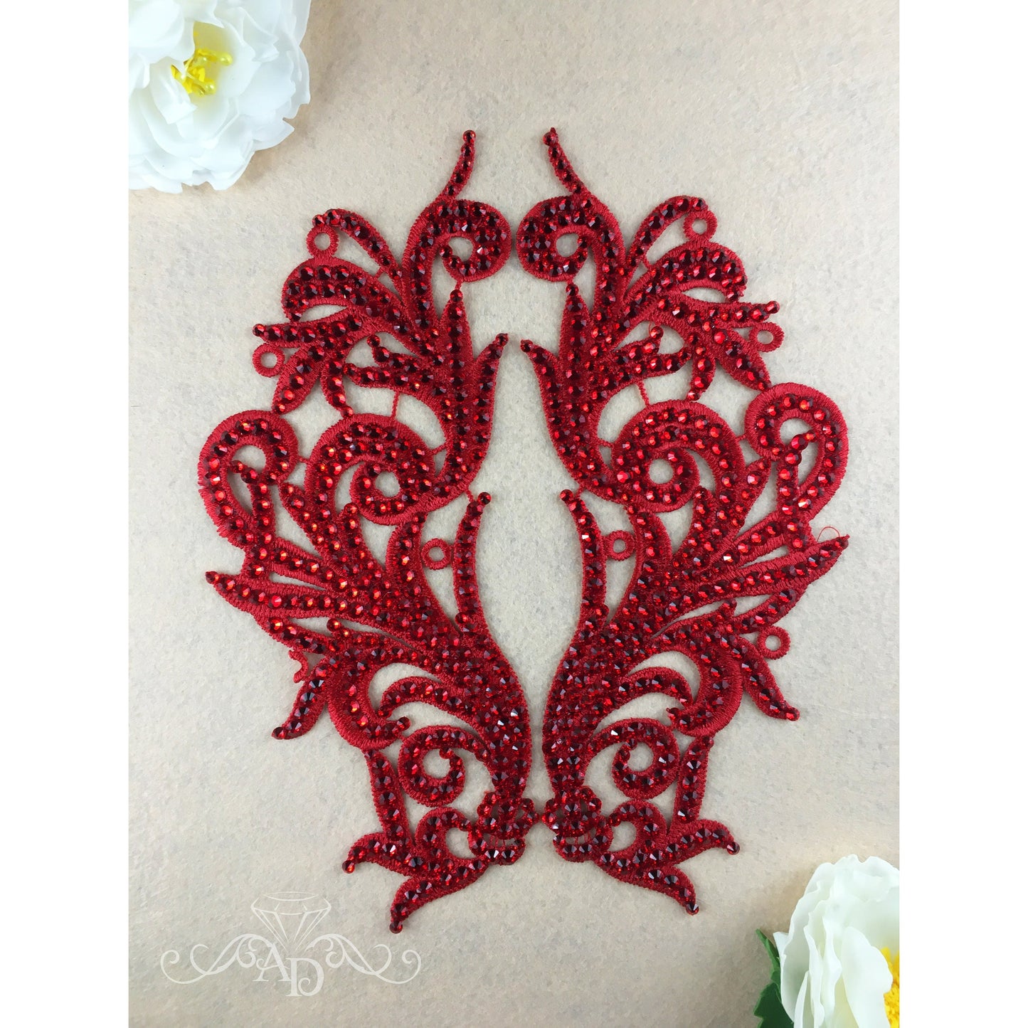 Red Rhinestones Lace Applique for Dance Costumes