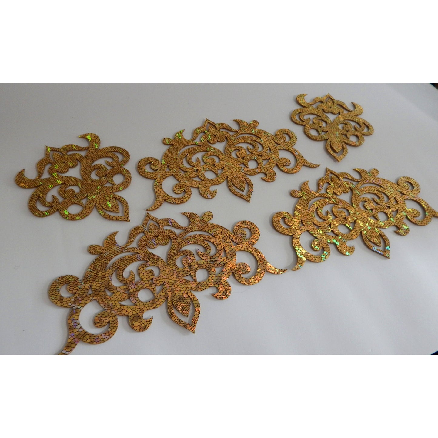 Gold holographic applique set for dance costumes, 6 felt pieces in baroque design