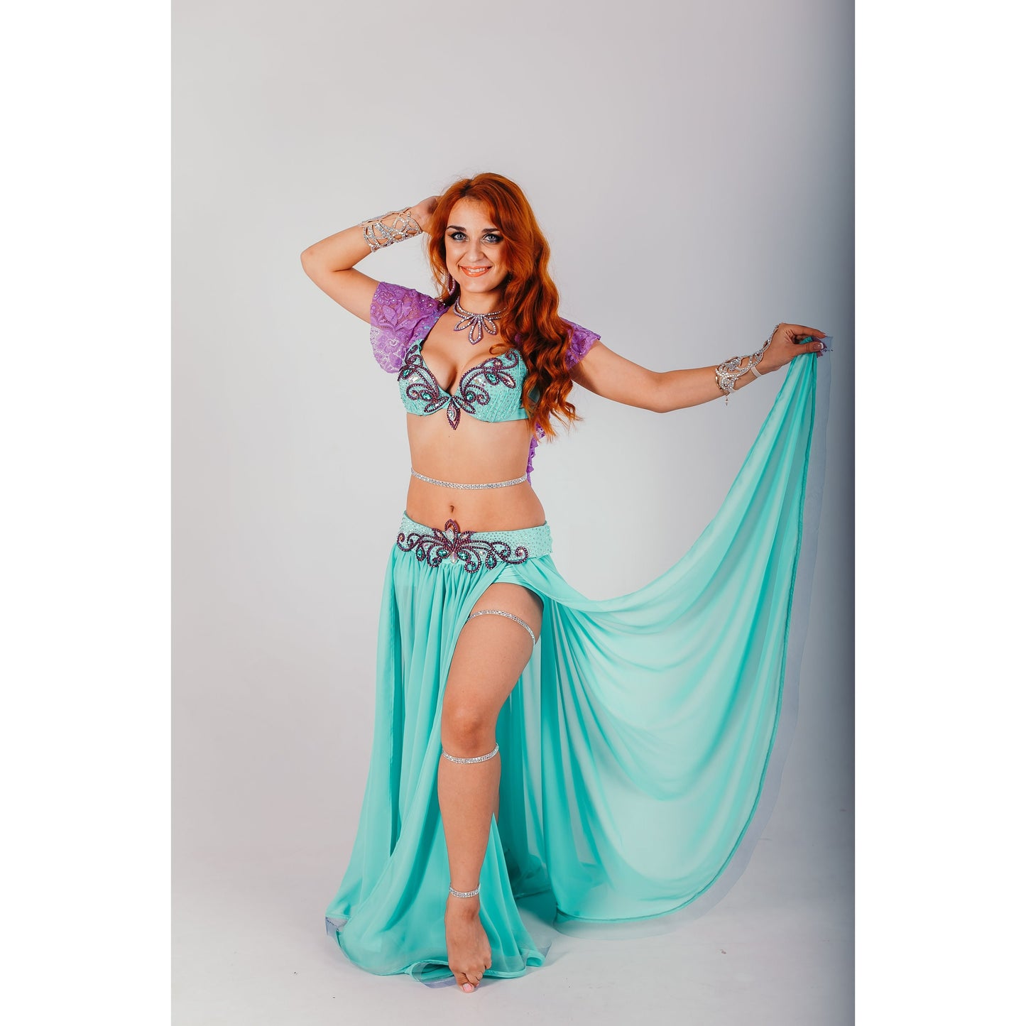 Mint & Purple Bellydance Costume with Crystal Appliques – Double Slit Circle Skirt