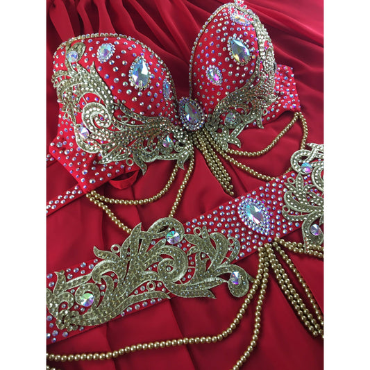 Custom Red Belly Dance Costume with Chiffon Circle Skirt – Royal Ember