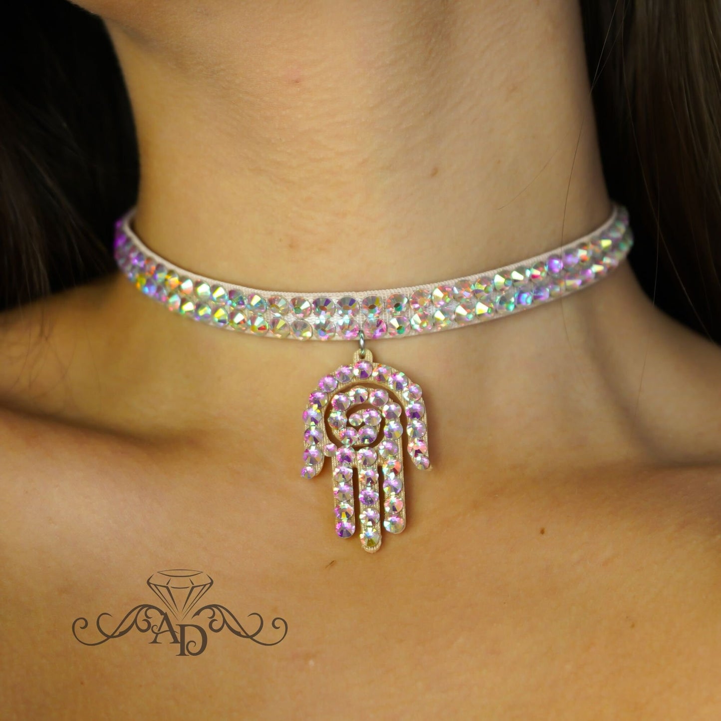 Crystal AB rhinestone ballroom dance choker necklace with Hamsa pendant by Amalia Design, elegant belly dance jewelry for competitions and stage performances.