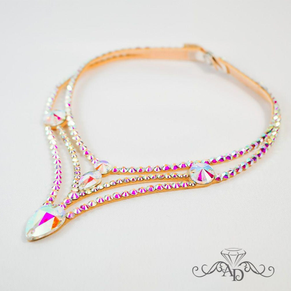Crystal AB rhinestone ballroom dance necklace with layered design by Amalia Design, elegant ballroom dance jewelry and latin dance accessory for stage competitions and performances.