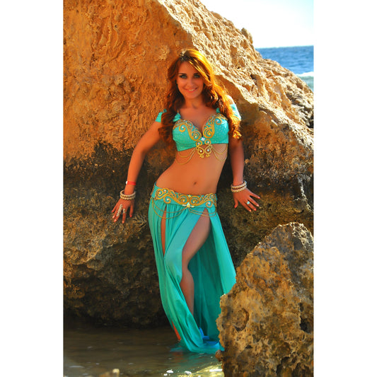 Custom Turquoise Belly Dance Costume with Pearl Chiffon Skirt – Golden Waves