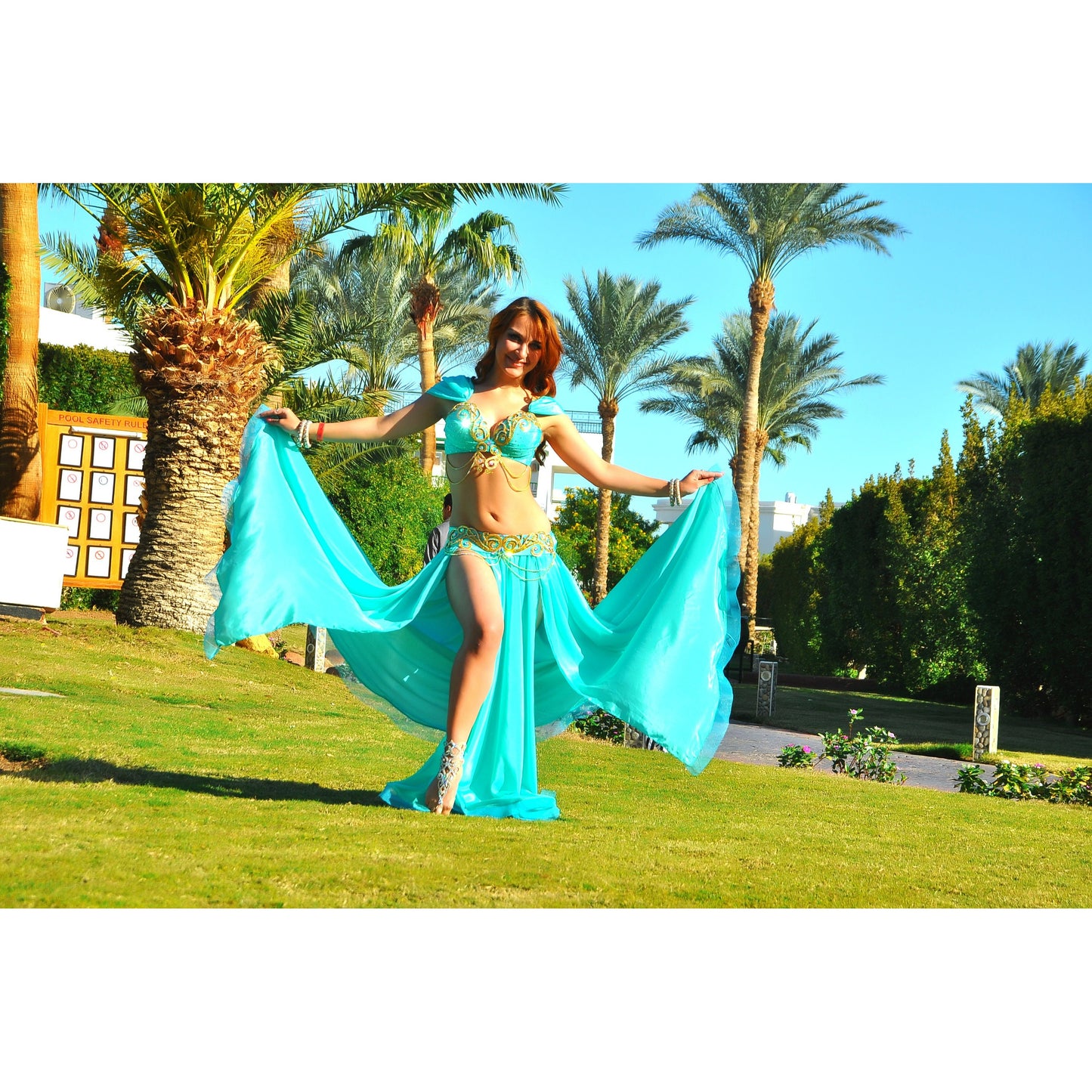 Custom Turquoise Belly Dance Costume with Pearl Chiffon Skirt – Golden Waves