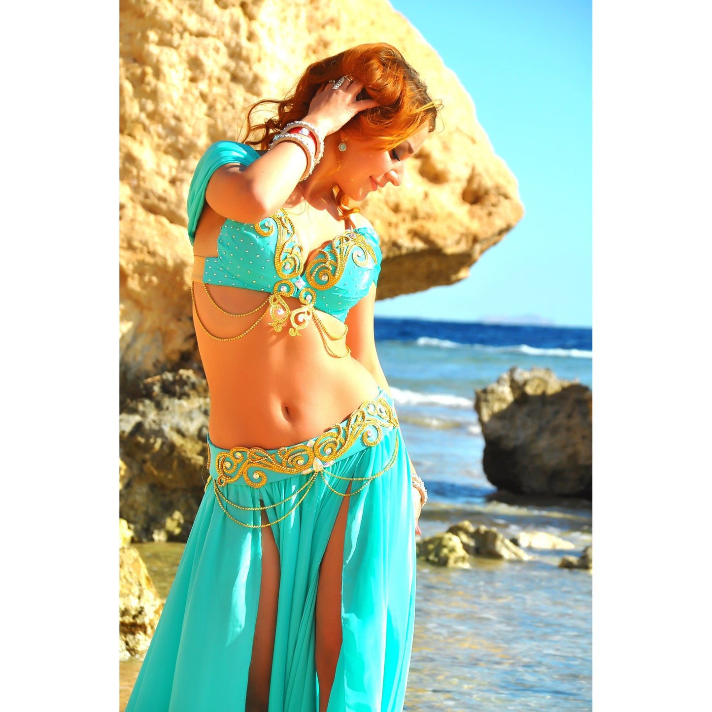 Custom Turquoise Belly Dance Costume with Pearl Chiffon Skirt – Golden Waves