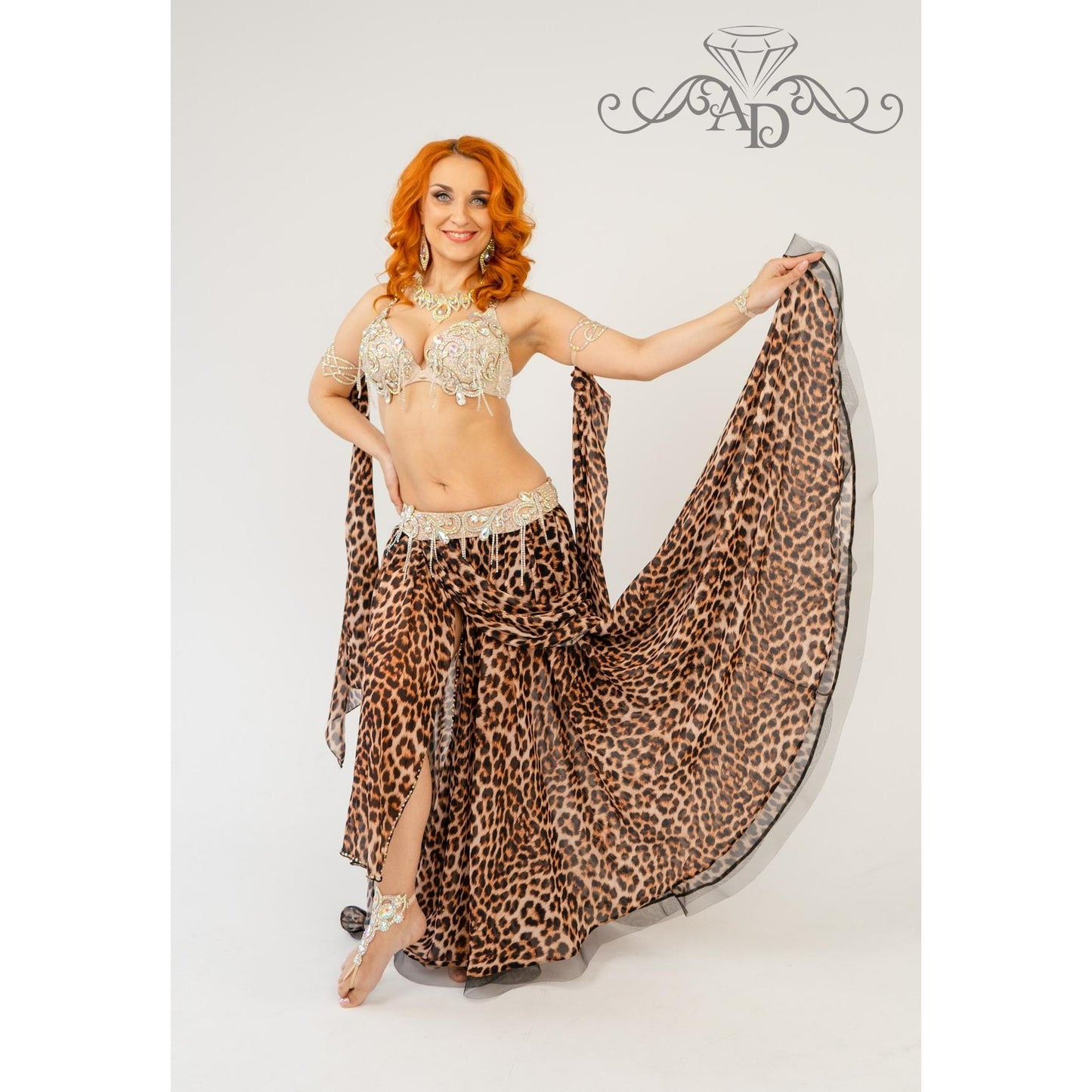 Leopard Print Belly Dance Costume with Rhinestone Bra and Chiffon Arm Panels