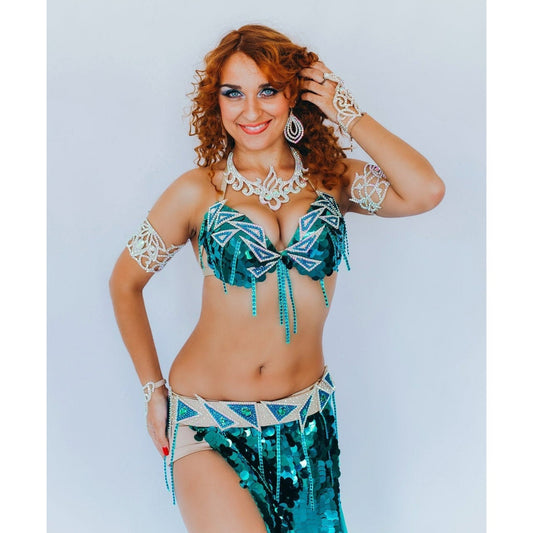 Turquoise Bellydance Costume with Sequin Mermaid Skirt
