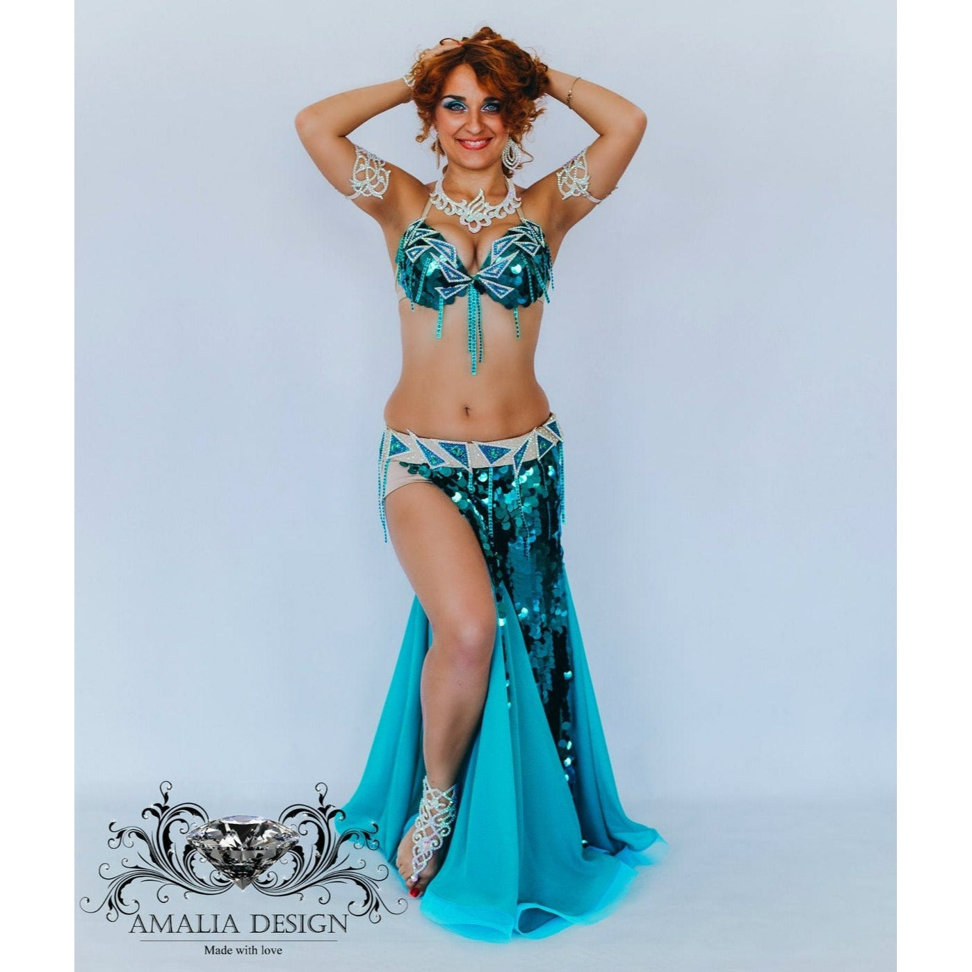 Turquoise Bellydance Costume with Sequin Mermaid Skirt