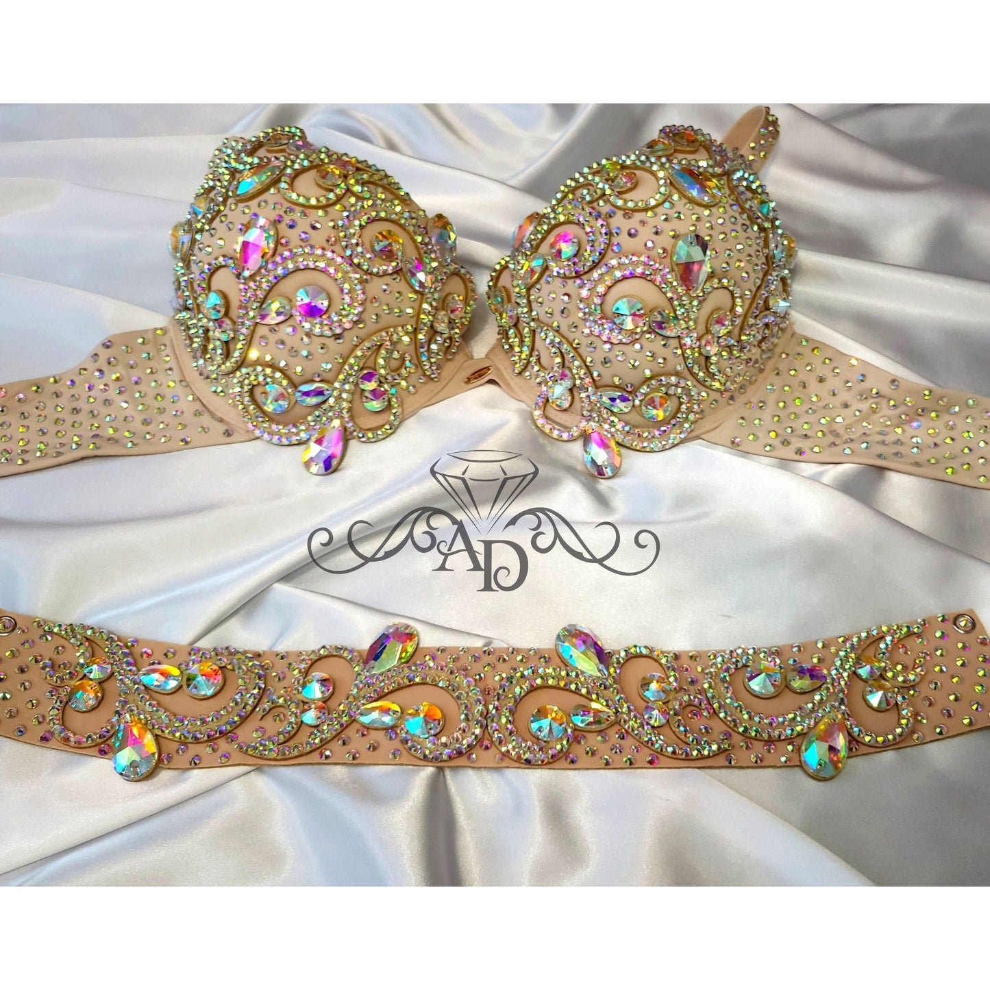 Beige belly dance bra and belt base set with AB rhinestones and swirl design