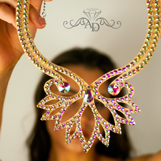 Amalia Design ballroom and belly dance necklace with crystal AB stones, elegant rhinestone dance jewelry for show performances and oriental costumes.