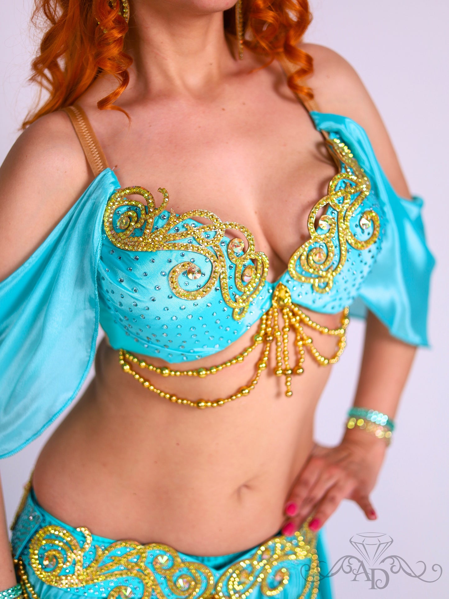 Luxury Belly Dance Costume with Full Circle Pearl Chiffon Skirt