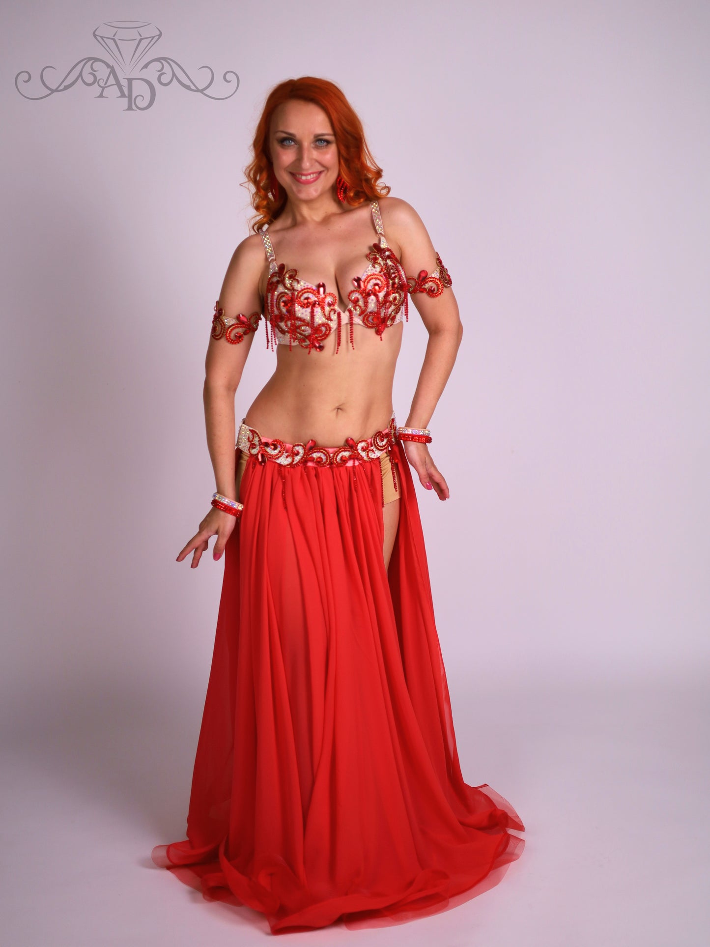 Professional Belly Dance Costume with Rhinestone Chain Fringe
