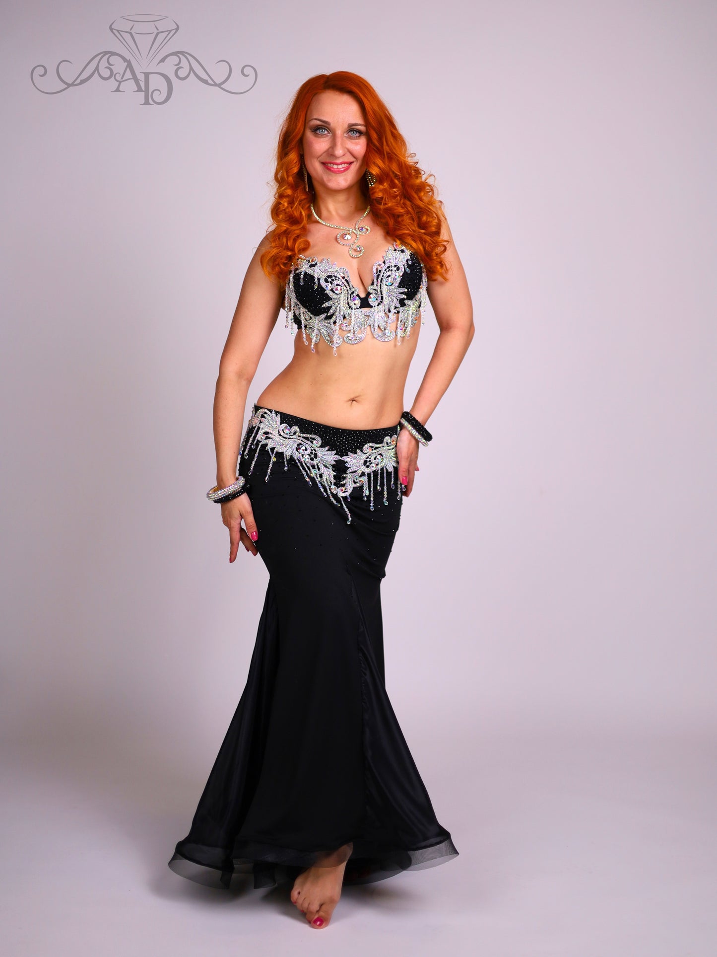 Black Belly Dance Costume with Crystal Beaded Fringe