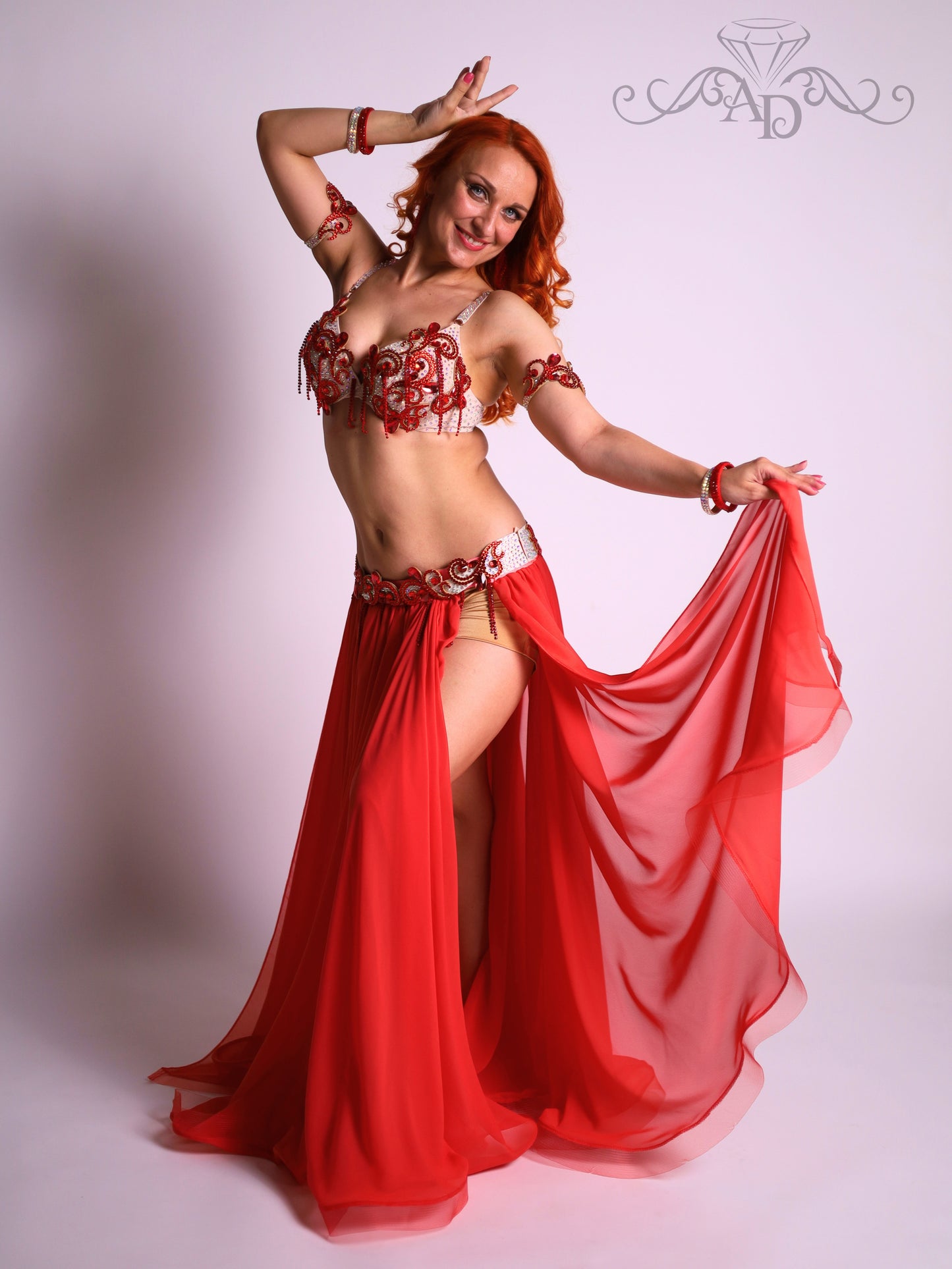 Professional Belly Dance Costume with Rhinestone Chain Fringe