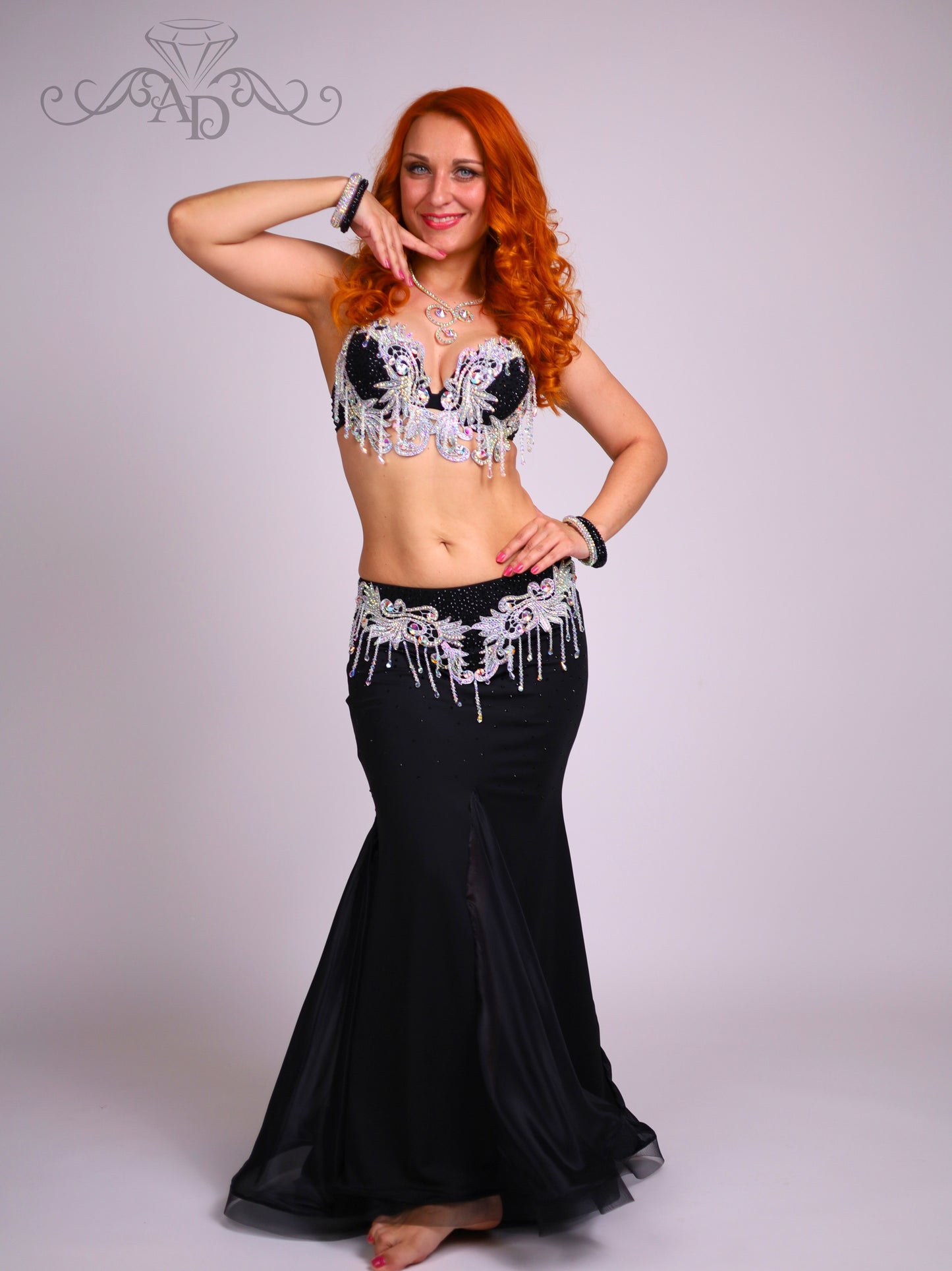 Black Belly Dance Costume with Crystal Beaded Fringe