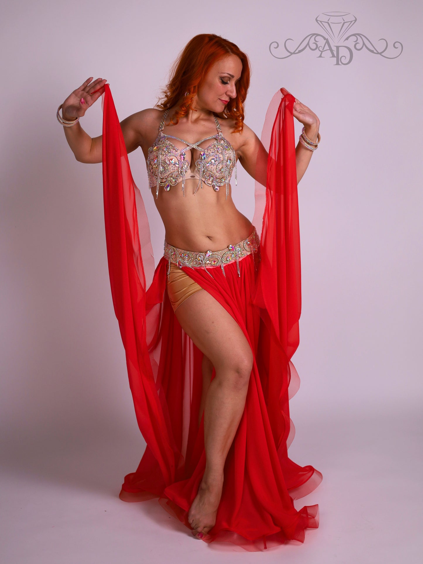 Bellydance Bra and Belt Set with Rhinestone Chain