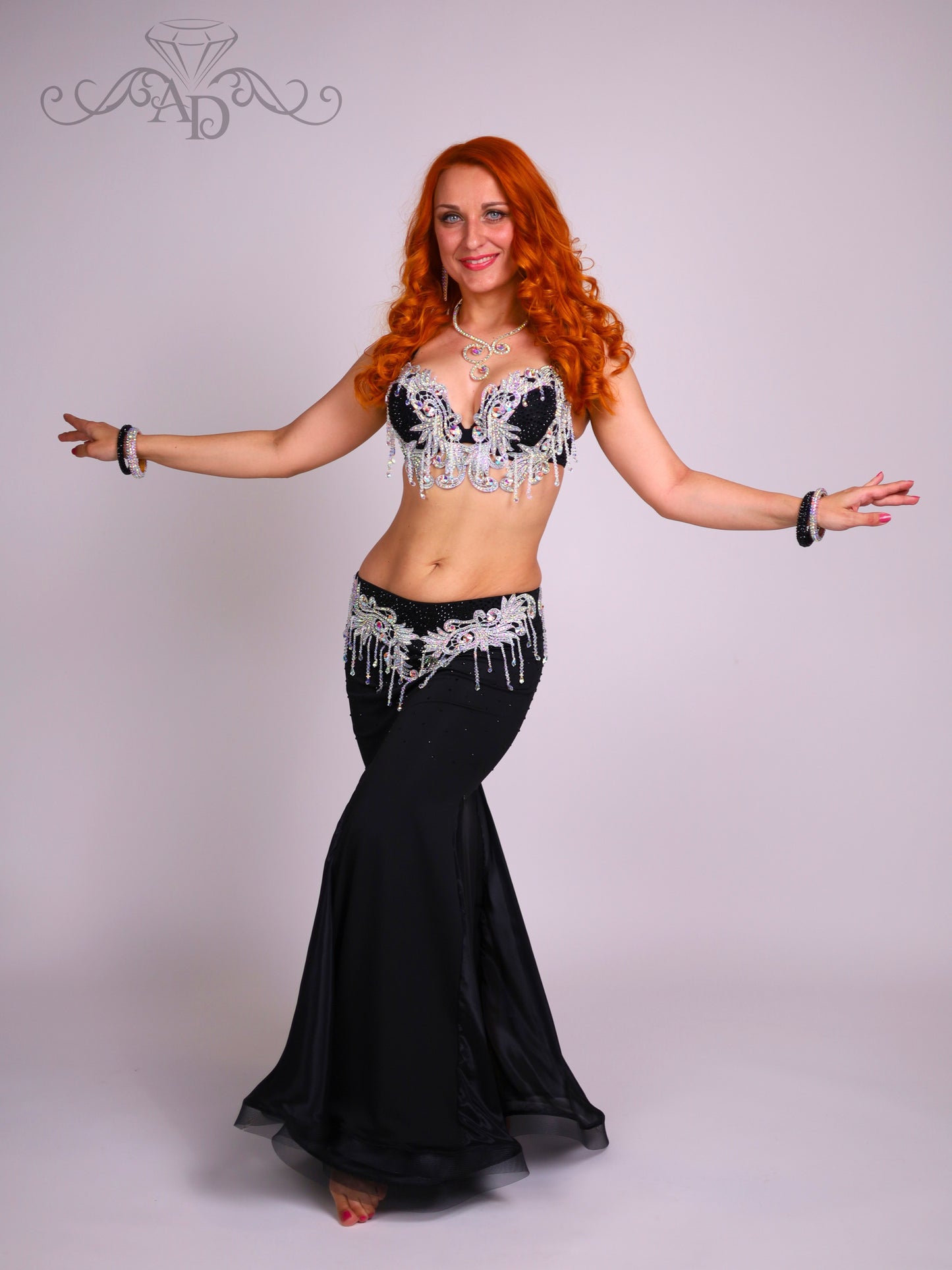 Black Belly Dance Costume with Crystal Beaded Fringe
