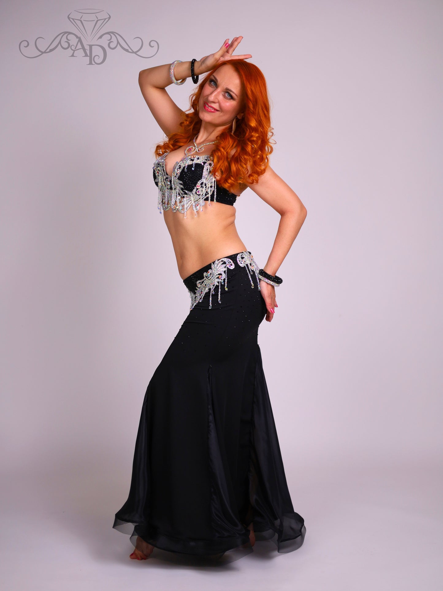 Black Belly Dance Costume with Crystal Beaded Fringe