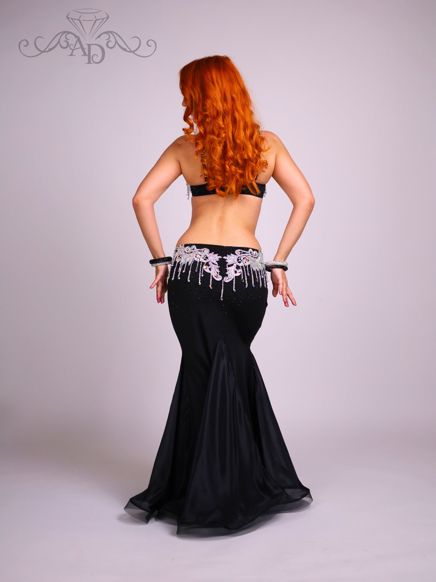 Black Belly Dance Costume with Crystal Beaded Fringe