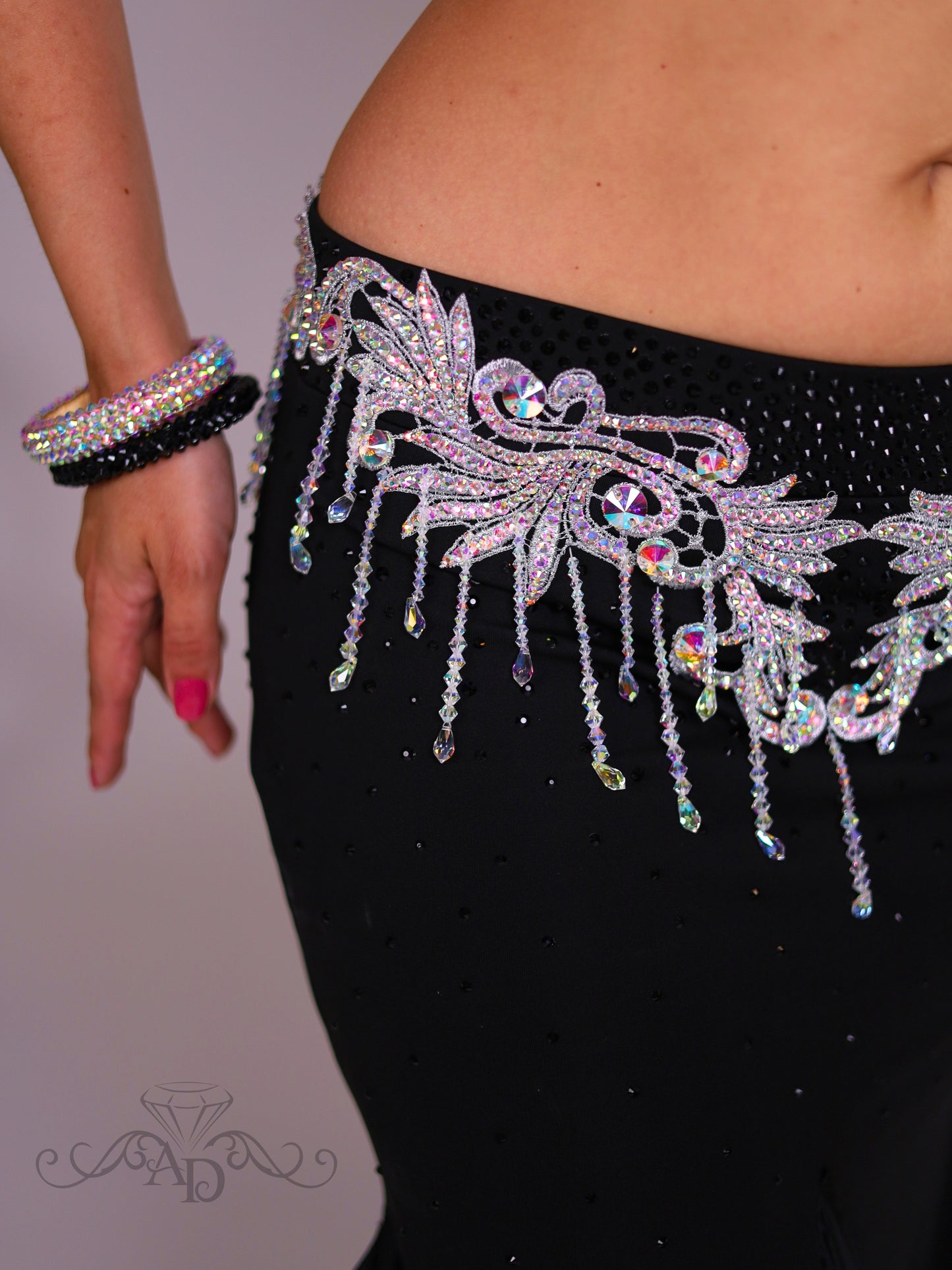 Black Belly Dance Costume with Crystal Beaded Fringe