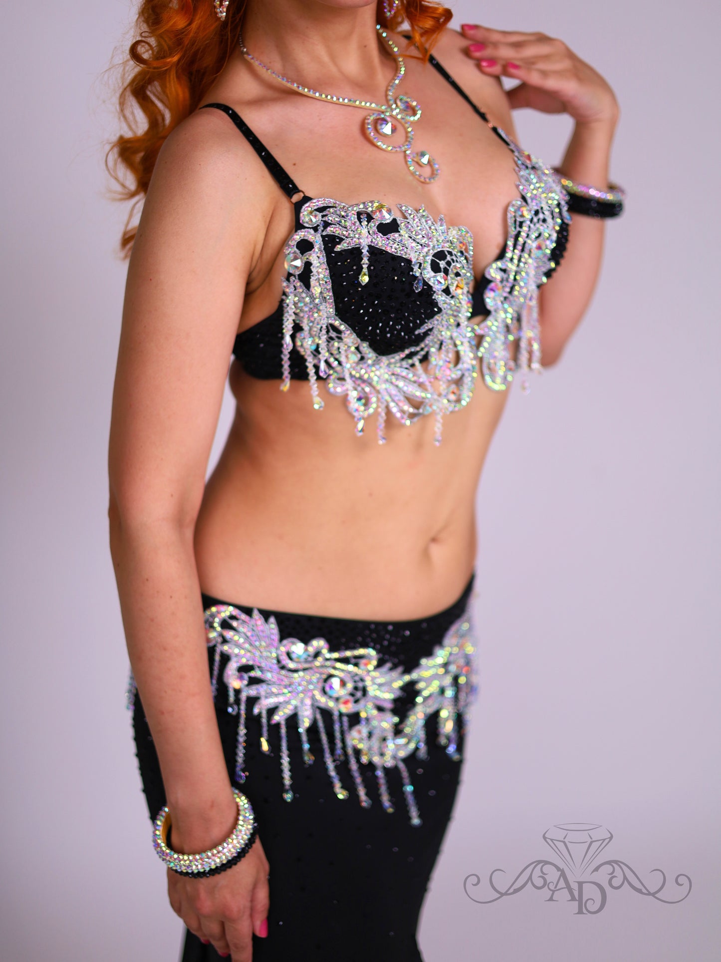 Black Belly Dance Costume with Crystal Beaded Fringe