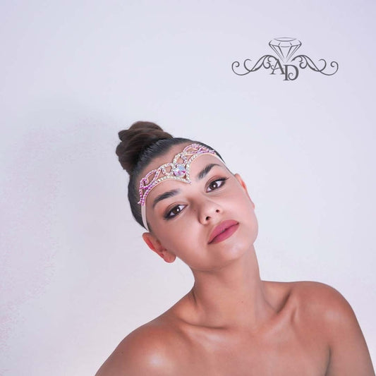 Crystal dance hair piece with crystal AB rhinestones, ballroom headpiece and belly dance headpiece jewelry by Amalia Design. Elegant ballroom hair accessories for dance competitions and stage performances.