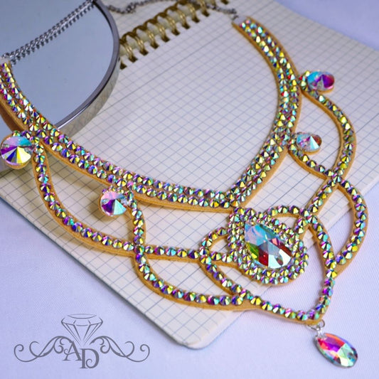 Elegant crystal AB rhinestone dance necklace, ballroom and belly dance jewelry perfect for drag queen shows and stage accessories by Amalia Design