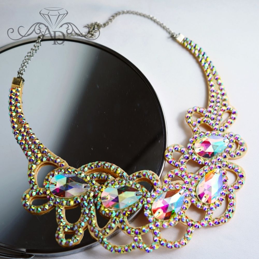 Amalia Design crystal AB rhinestone necklace, unique dance jewelry for drag queen shows, festival accessories and theatrical performances.