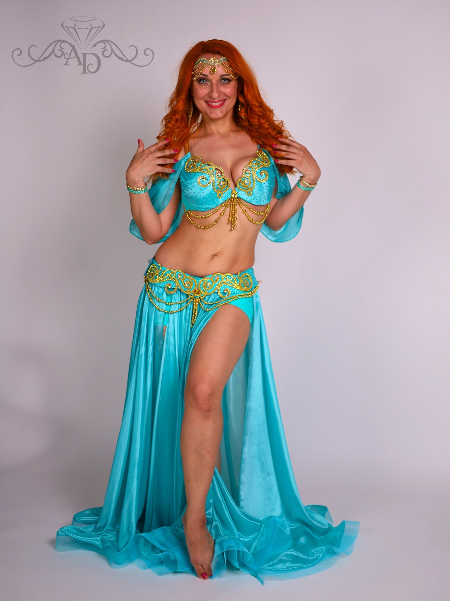 Luxury Belly Dance Costume with Full Circle Pearl Chiffon Skirt