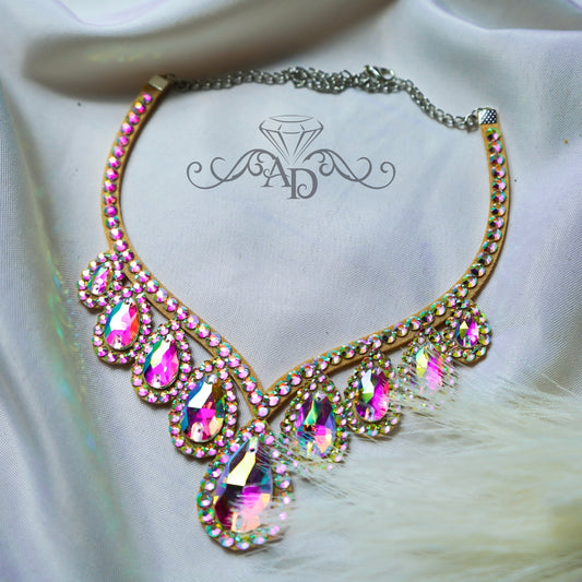 Crystal AB rhinestone ballroom dance necklace with teardrop design, elegant belly dance jewelry by Amalia Design. Sparkling dance necklace for competitions and stage performances.