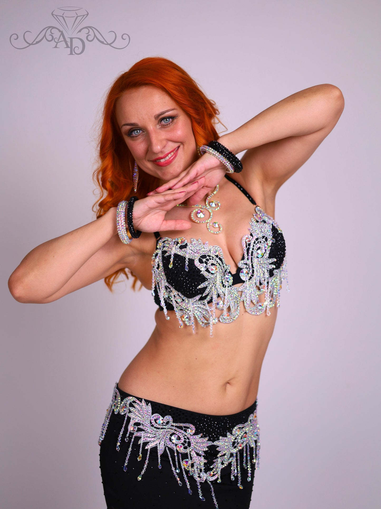 Black Belly Dance Costume with Crystal Beaded Fringe