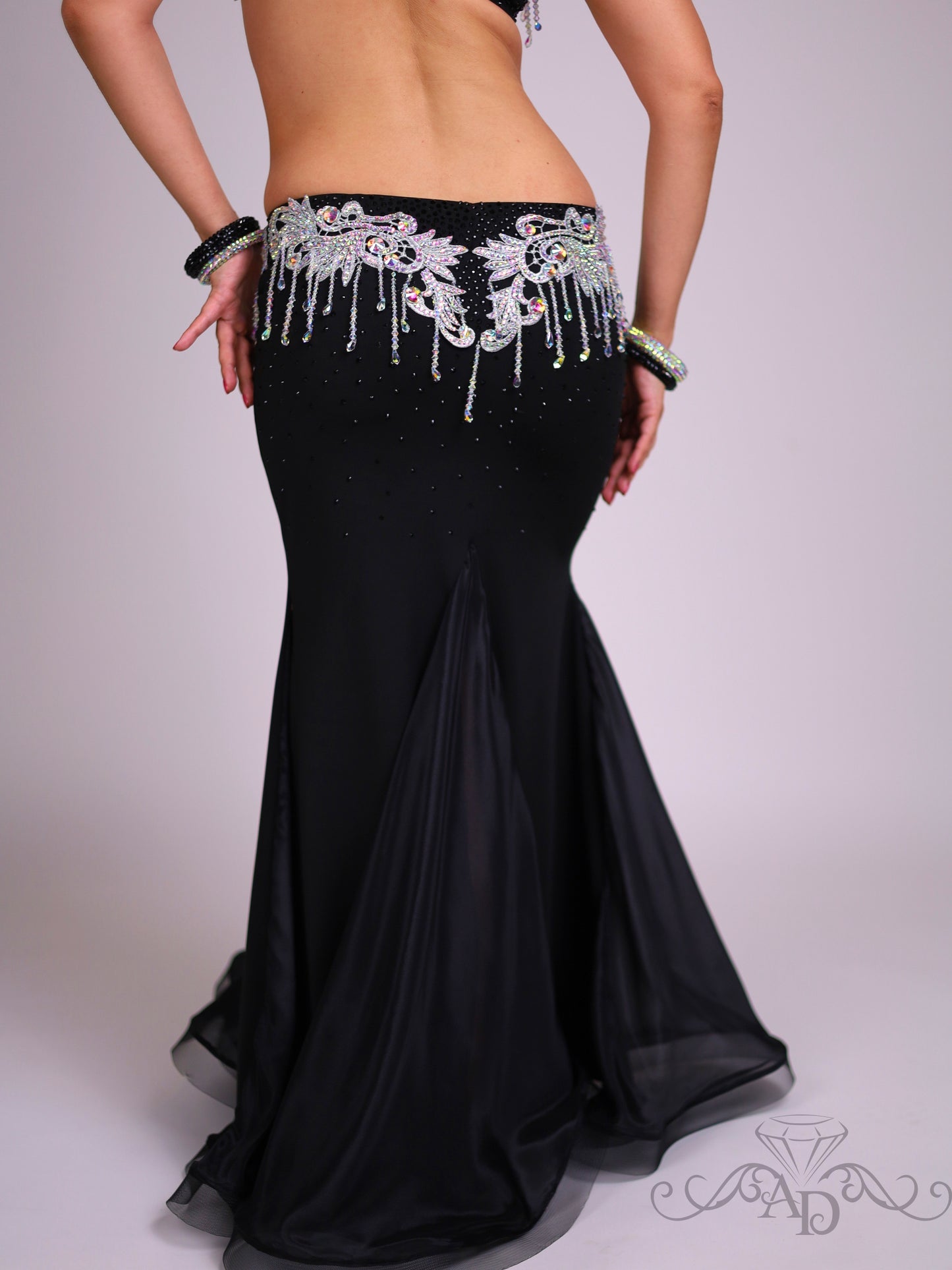 Black Belly Dance Costume with Crystal Beaded Fringe