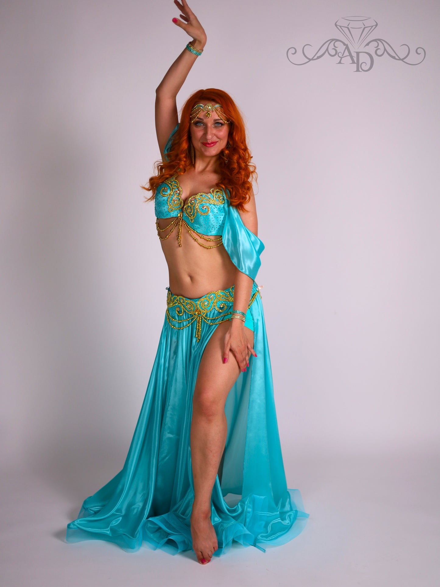 Luxury Belly Dance Costume with Full Circle Pearl Chiffon Skirt