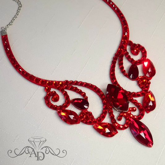 Red rhinestone ballroom dance necklace, elegant belly dance jewelry by Amalia Design. Crystal dance necklace for ballroom performances, belly dance costumes and stage shows.