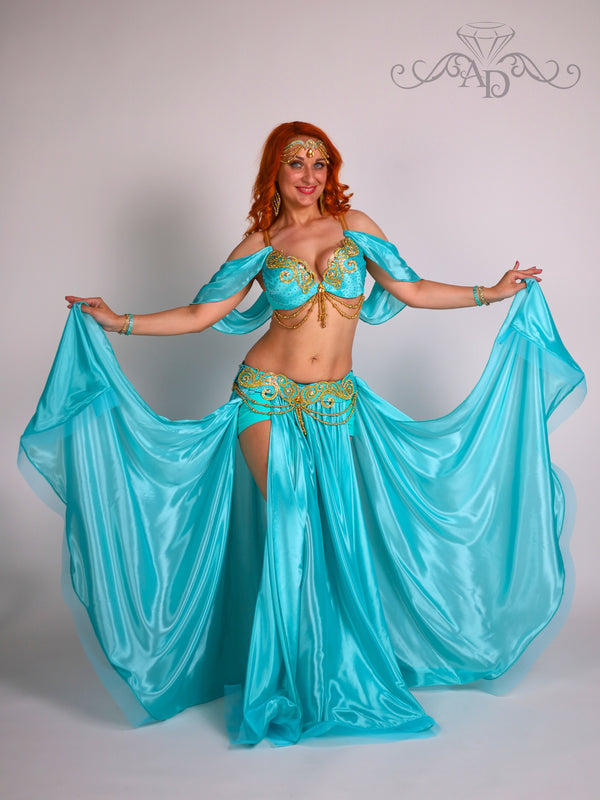 Luxury Belly Dance Costume with Full Circle Pearl Chiffon Skirt