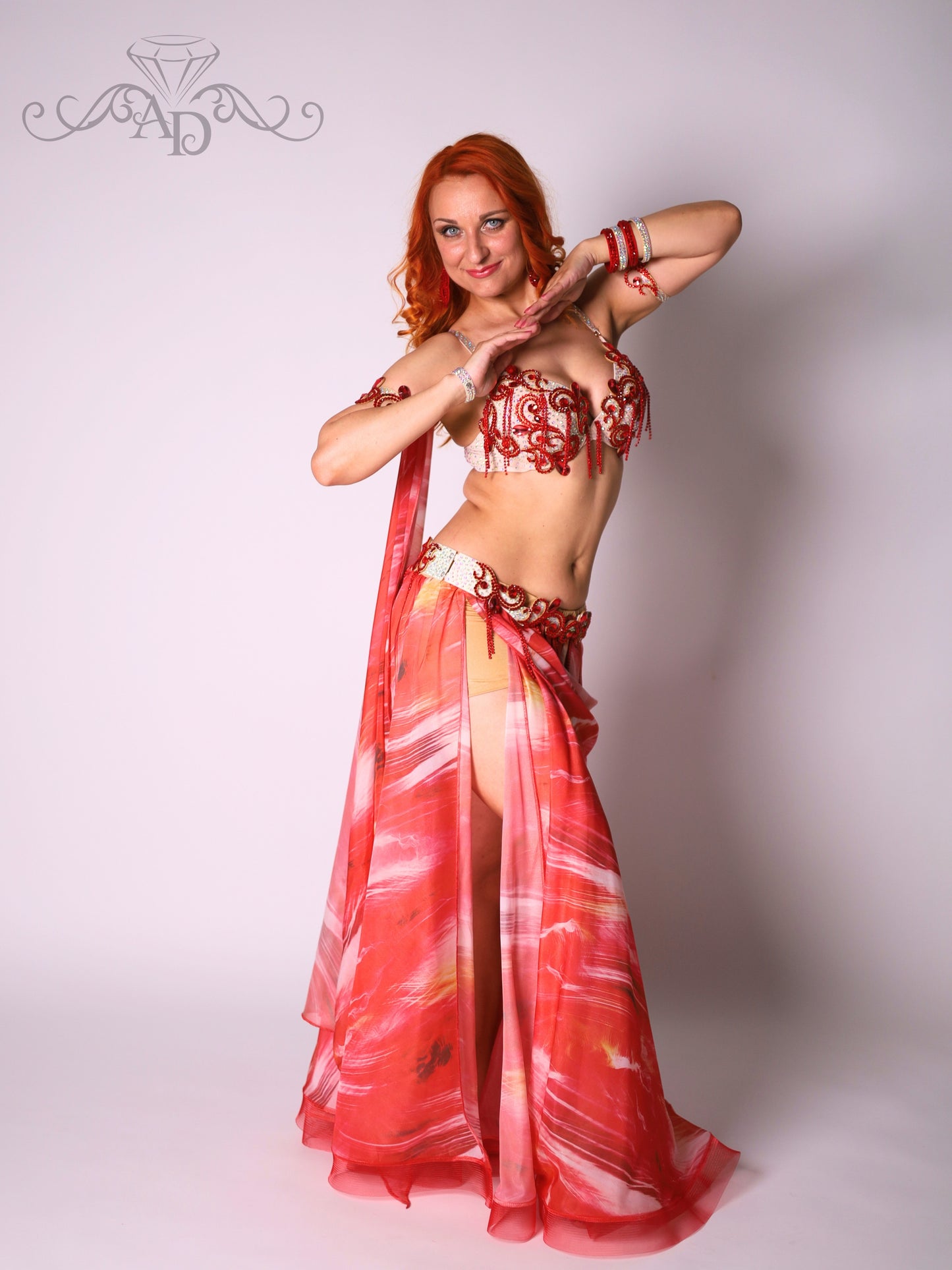 Professional Belly Dance Costume with Rhinestone Chain Fringe