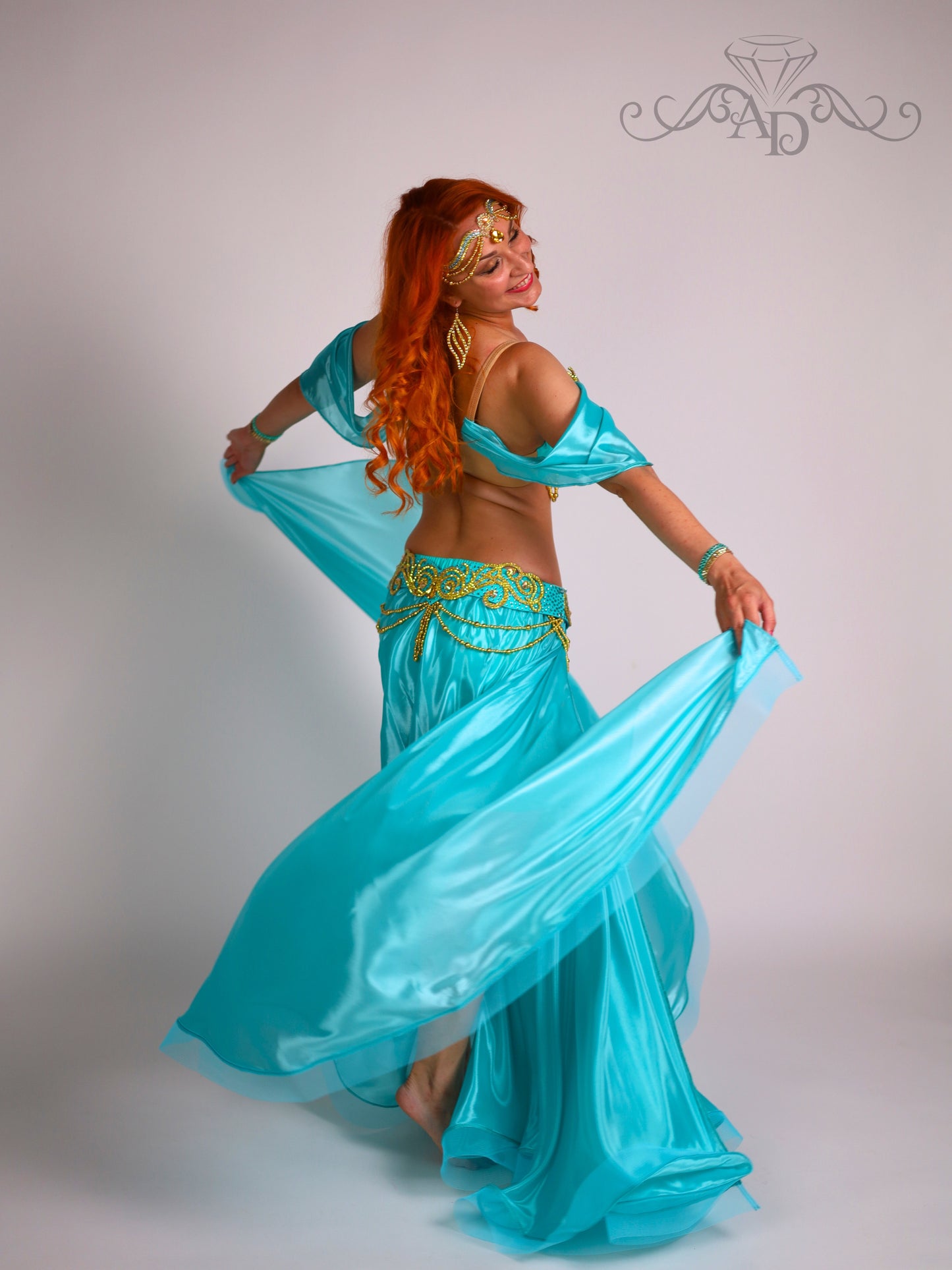 Luxury Belly Dance Costume with Full Circle Pearl Chiffon Skirt