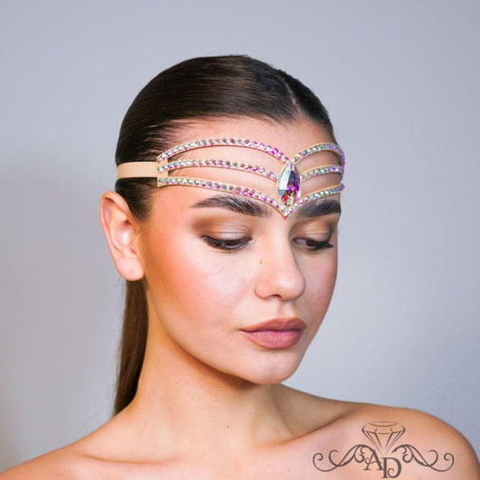 Crystal AB dance hair accessories, ballroom headpiece and belly dance hair jewelry by Amalia Design for stage performances and competitions.