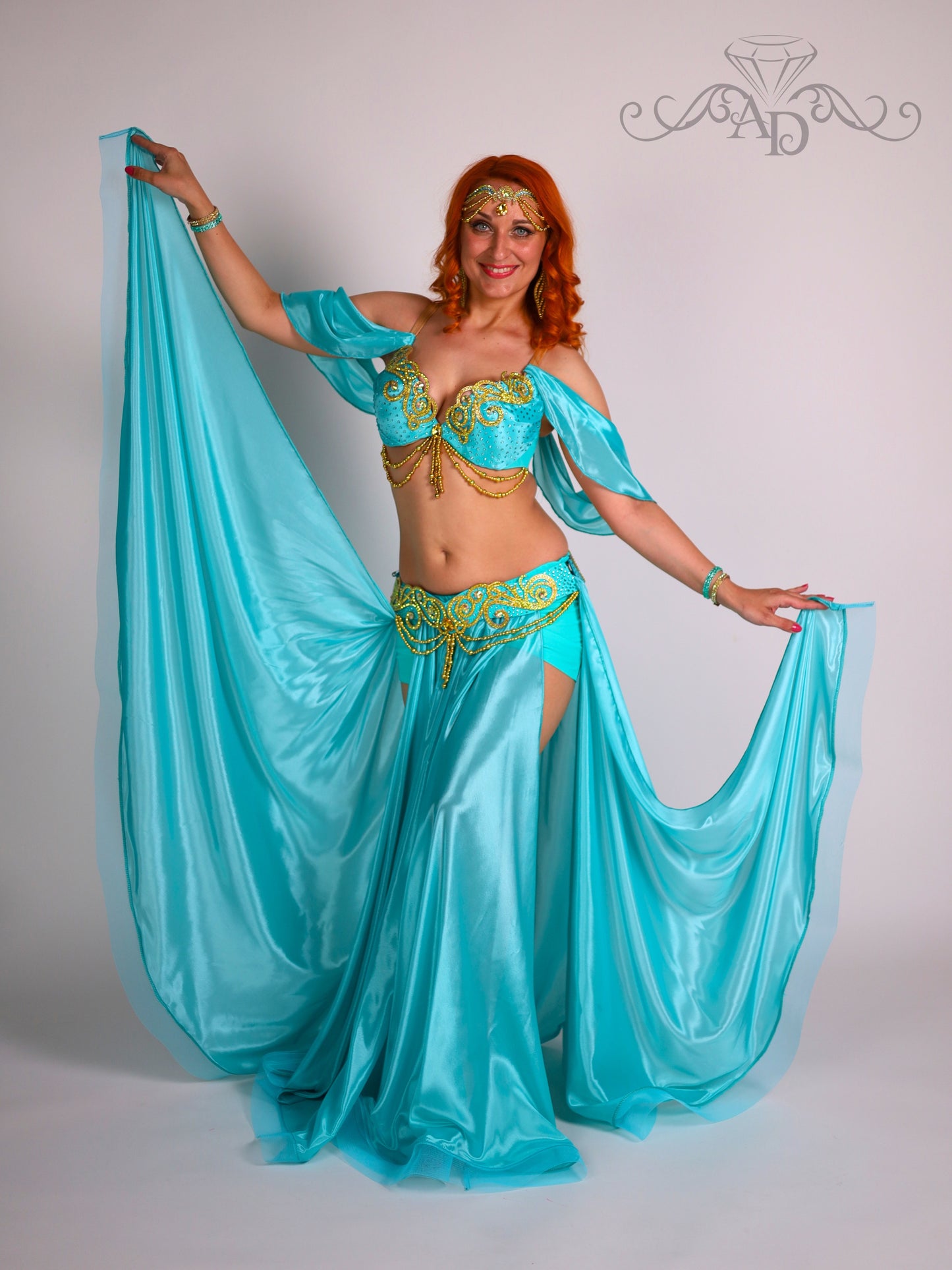 Luxury Belly Dance Costume with Full Circle Pearl Chiffon Skirt