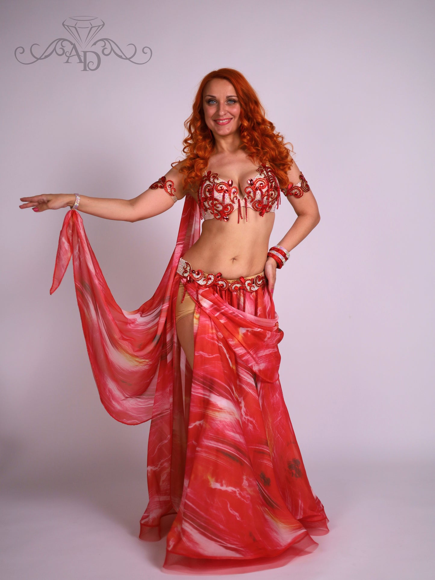 Professional Belly Dance Costume with Rhinestone Chain Fringe
