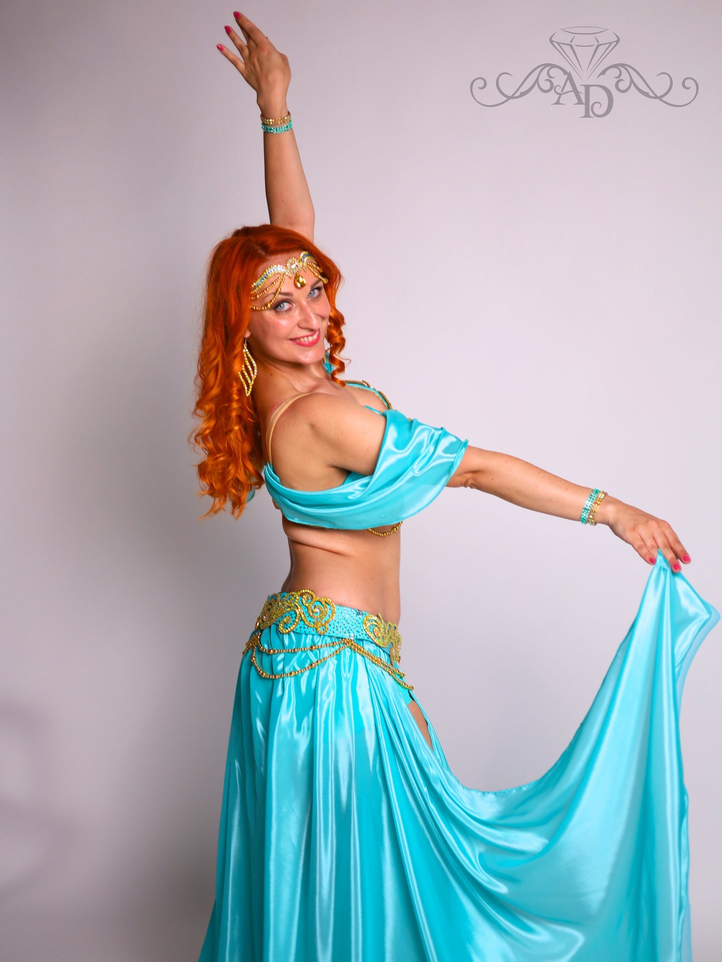 Luxury Belly Dance Costume with Full Circle Pearl Chiffon Skirt
