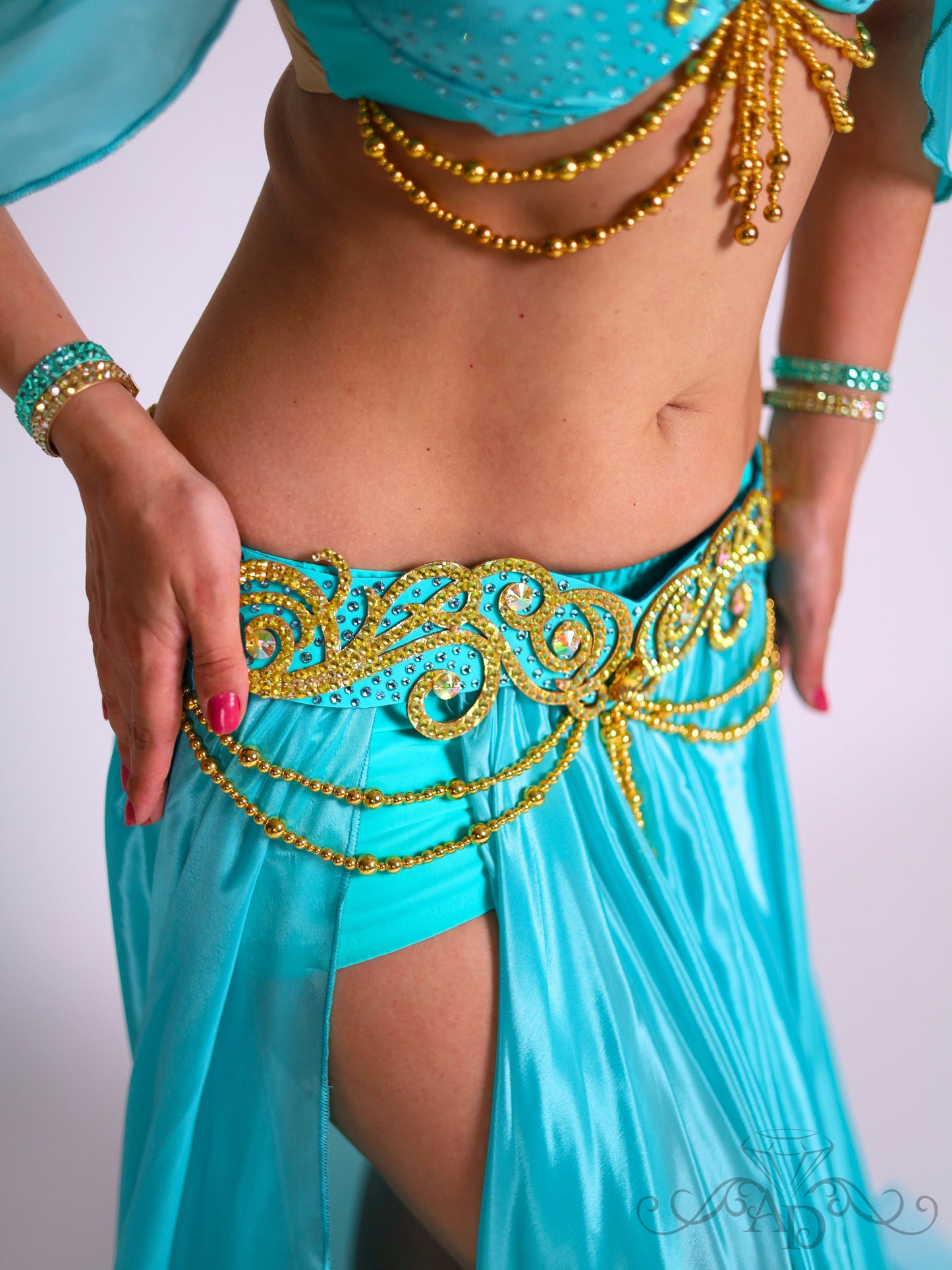 Luxury Belly Dance Costume with Full Circle Pearl Chiffon Skirt