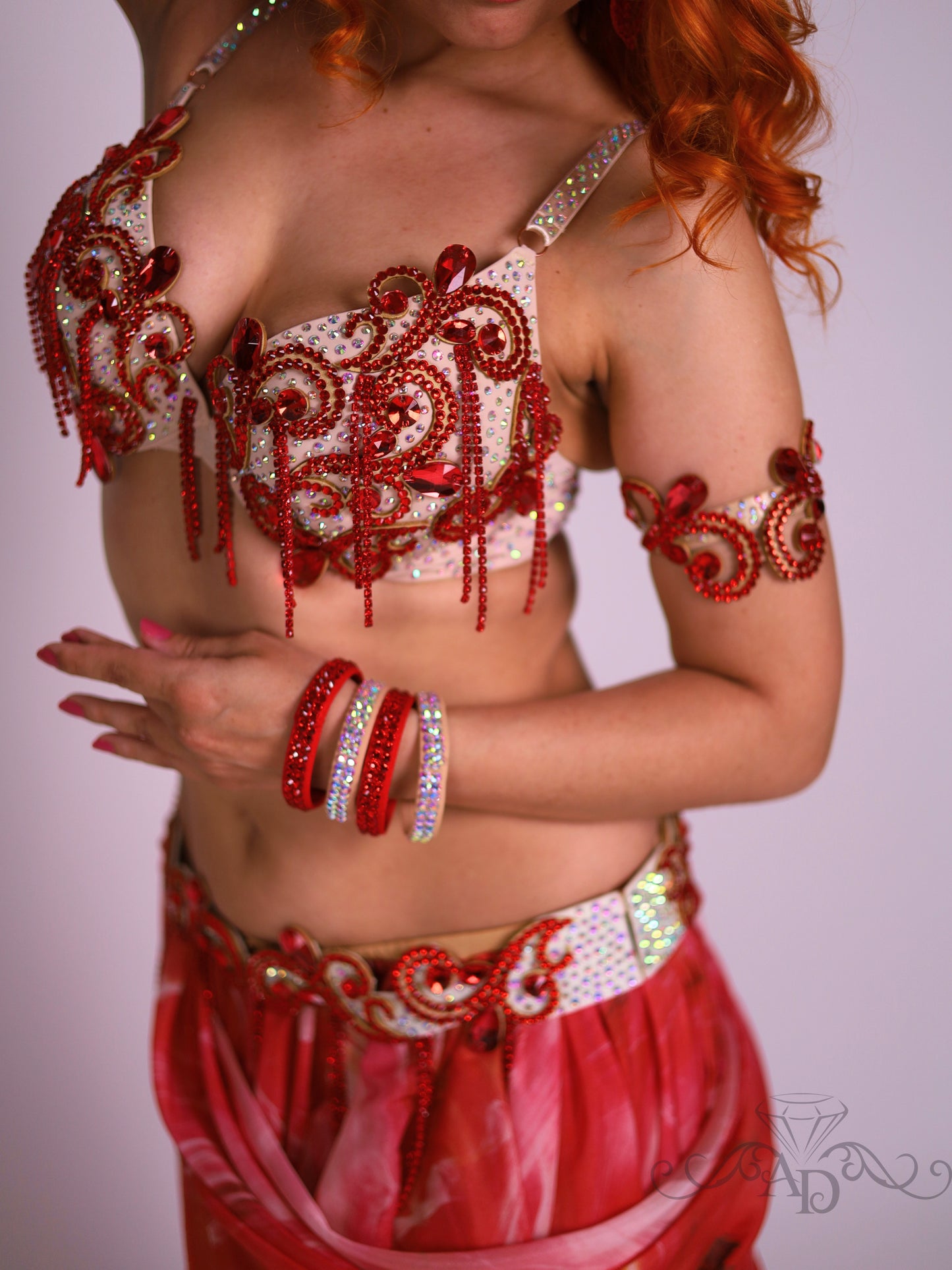 Professional Belly Dance Costume with Rhinestone Chain Fringe