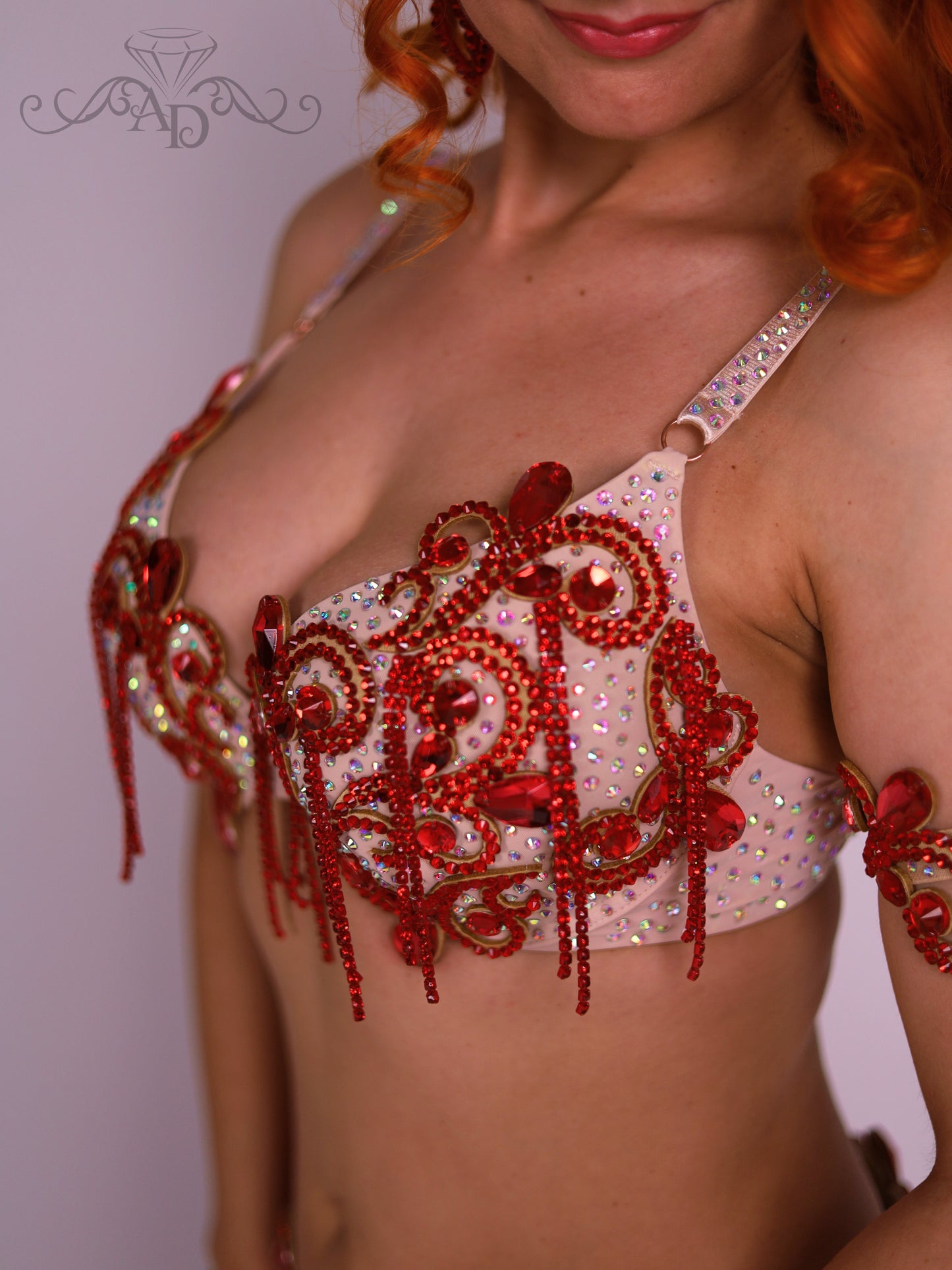 Professional Belly Dance Costume with Rhinestone Chain Fringe